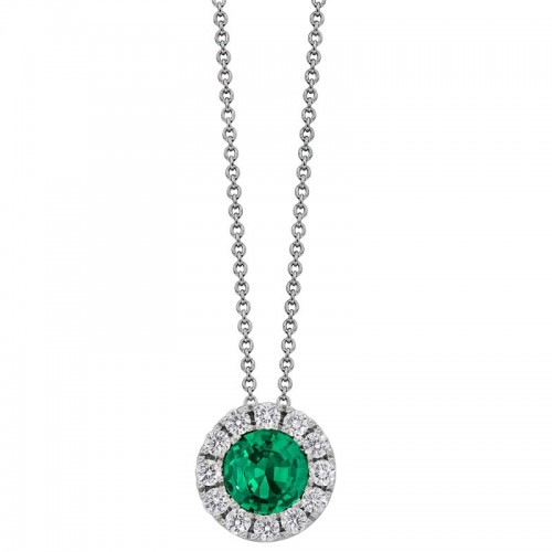 18K White Gold Emerald and Diamond Halo Necklace