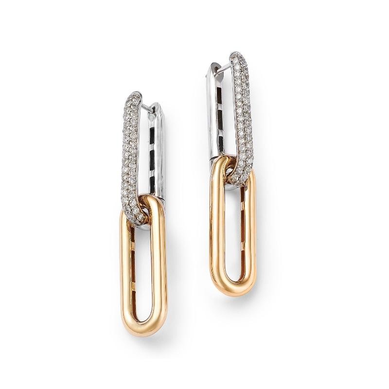 14K White And Yellow Gold Drop Paperclip Stud Earrings