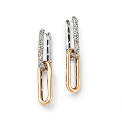 14K White And Yellow Gold Drop Paperclip Stud Earrings