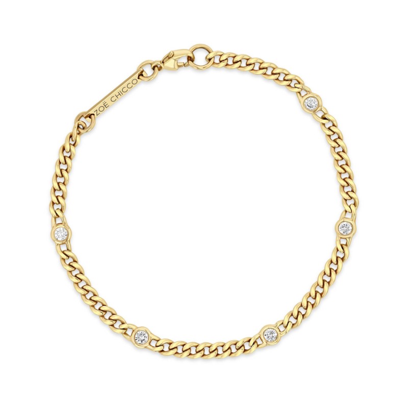 14K Yellow Gold Five Bezel Set Diamonds On A Curb Chain Bracelet