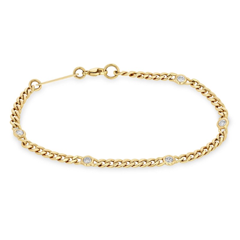14K Yellow Gold Five Bezel Set Diamonds On A Curb Chain Bracelet