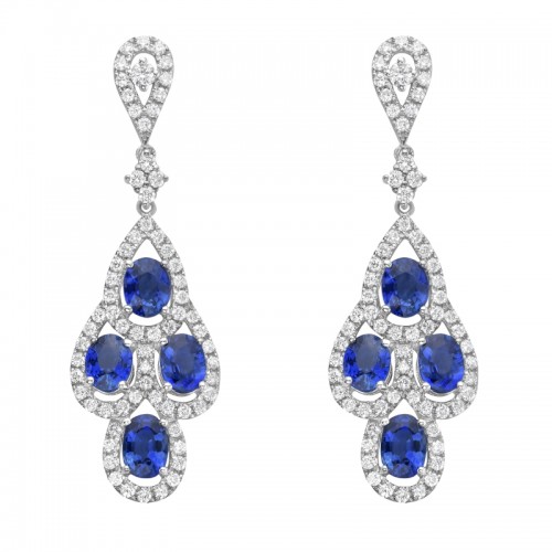 18K White Gold Blue Sapphires And Diamonds Drop Earrings