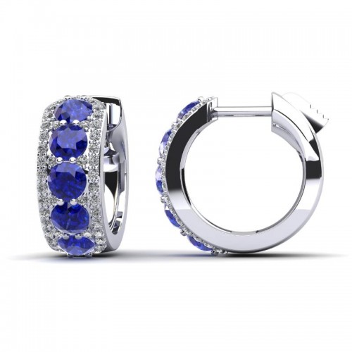 14K White Gold Pave Huggie Blue Sapphires Earrings