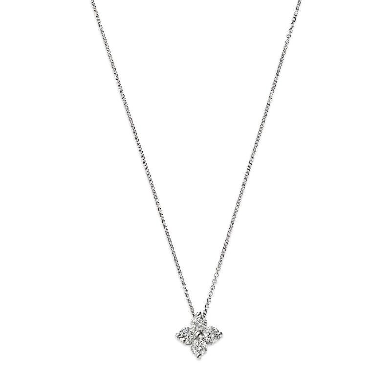14K White Gold Four Stone Square Cluster Pendant Necklace