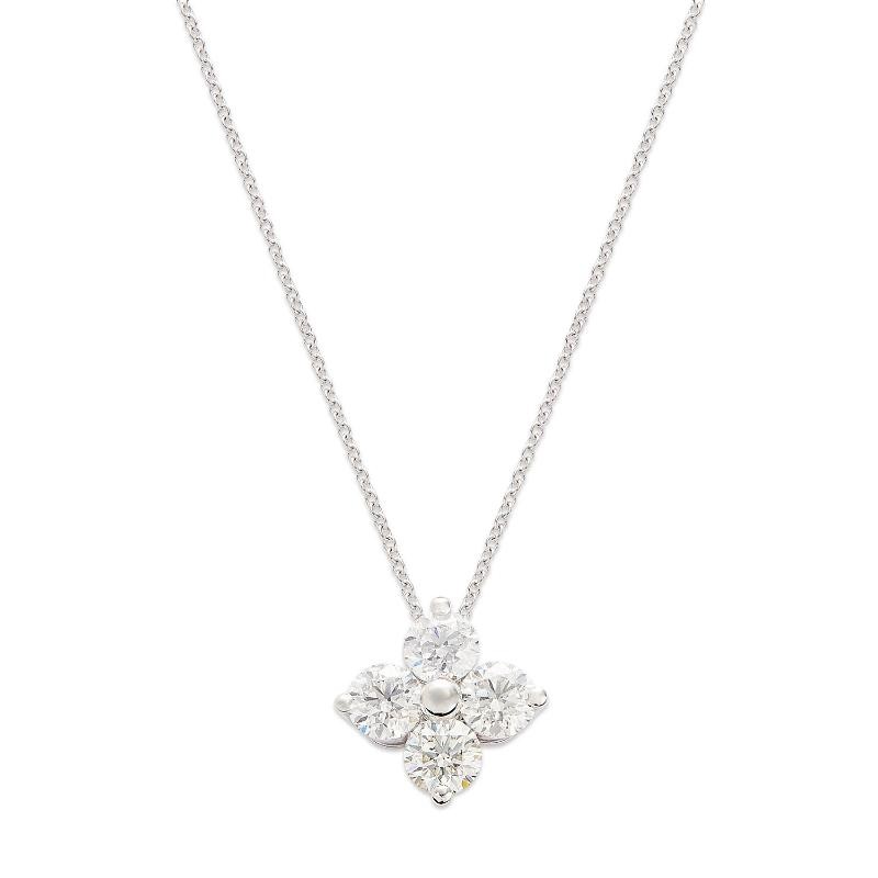14K White Gold Four Stone Square Cluster Pendant Necklace