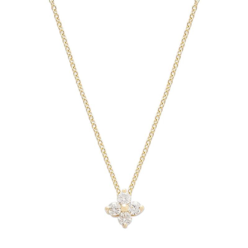 14K Yellow Gold Round Cut Diamonds Four Stone Square Cluster Pendant Necklace
