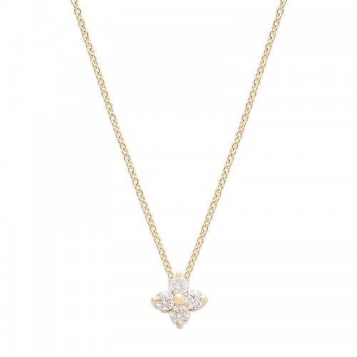 14K Yellow Gold Round Cut Diamonds Four Stone Square Cluster Pendant Necklace