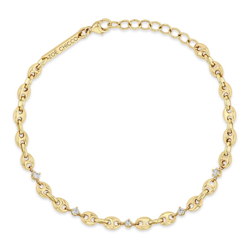 14K Yellow Gold Five Prong Set Diamonds On A Mariner Chain Bracelet