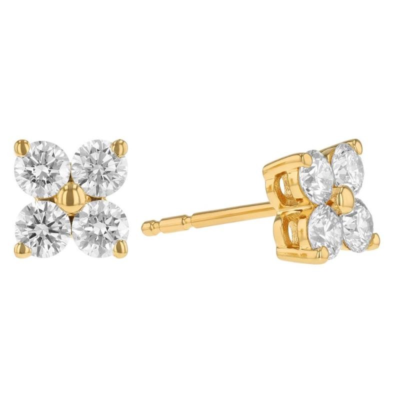 14K Yellow Gold Diamonds Four Stone Cluster Stud Earrings