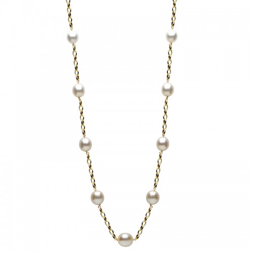14K Yellow Gold South Sea Pearls Oval Link Chain Tin Cup Necklace