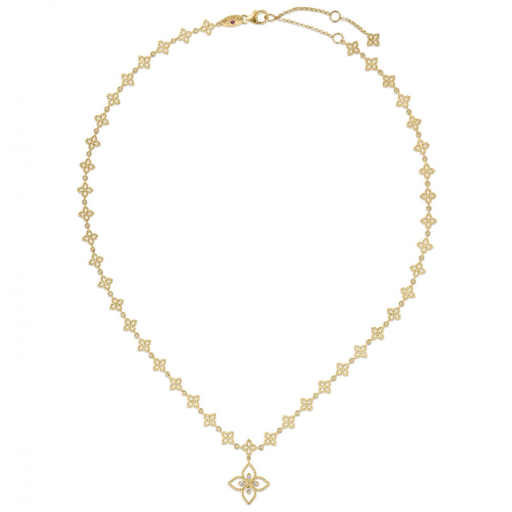 18K Yellow Gold Princess Flower Chain With Diamond Flower Pendant Necklace