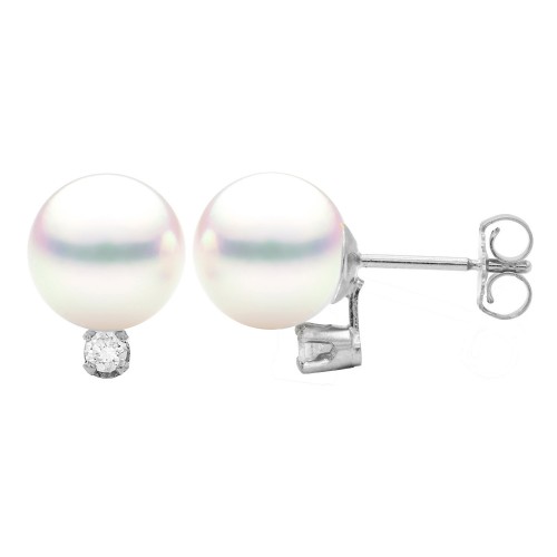 14K White Gold Cultured Akoya Pearls and Diamonds Stud Earrings