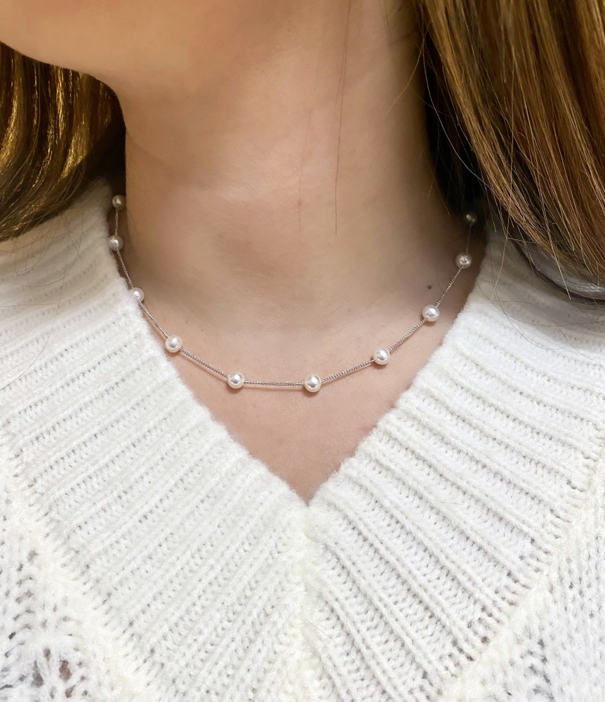 14k White Gold Tin Cup Pearl Necklace