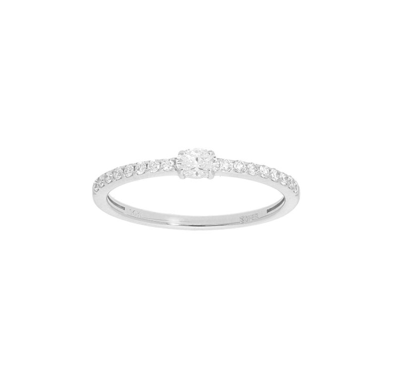14k White Gold Diamond Oval and Pave Half Shank Ring