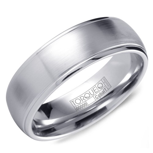 A white cobalt Torque band with a brushed center and line detailing.