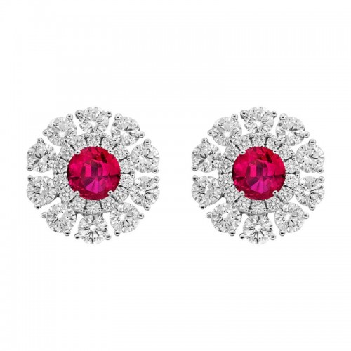 18K White Gold Ruby and Diamond Double Halo Earrings By Providence Diamond Collection