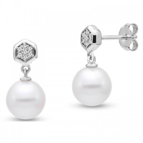 PD Collection 14k Diamond Hexagon and Pearl Drop Stud Earrings