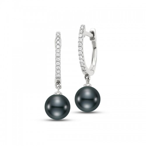 18K White Gold Tahitian Pearls Diamond Huggie Drop Earrings By Pd Collection