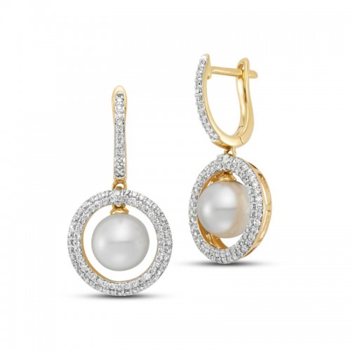 18K Yellow Gold Pearls Halo Drop Huggie Earrings By Pd Collection