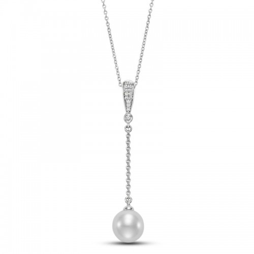 PD Collection 18k Diamond Pave Bail Pearl Chain Drop Pendant Necklace