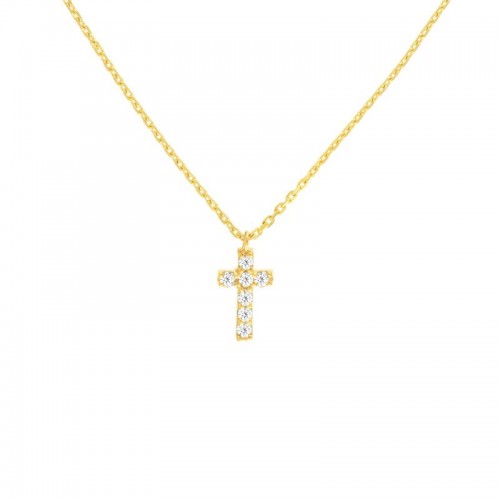 14K Yellow Gold Diamond Mini Cross Pendent Necklace By PD Collection