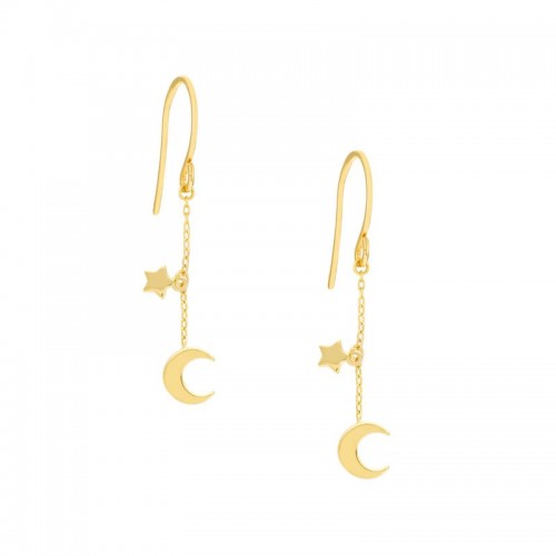14K Yellow Gold Crescent Moon And Star Drop Earrings By PD Collection