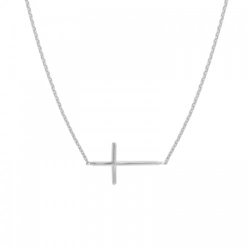 14K White Gold Sideways Mini Cross Necklace By PD Collection