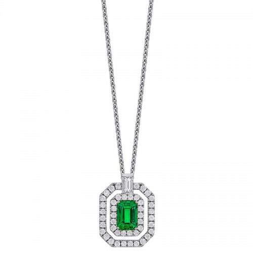 18K White Gold Emerald and Diamond Halo Necklace By Providence Diamond Collection