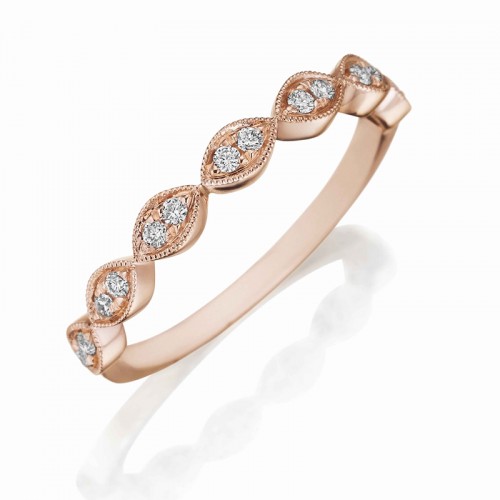 Henri Daussi rose gold band featuring round brilliant white diamonds set in a marquise shape with a milgrain detail