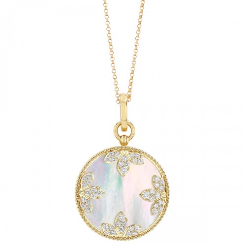 18k Diamond and Mother of Pearl Medallion Charm Necklace