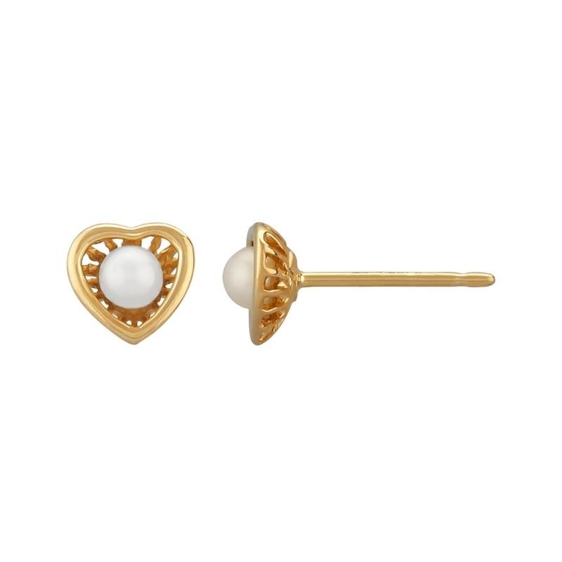 14K Yellow Gold Cultured Pearl Heart Earrings BY PD Collection