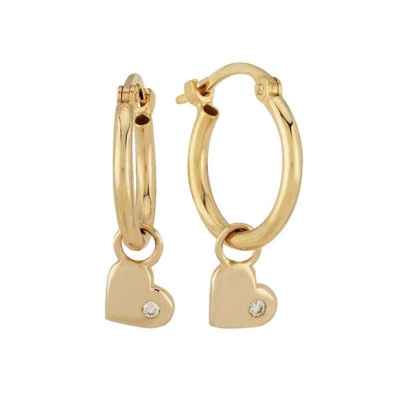 14K Yellow Gold Diamond Heart Dangle Hoop Earrings BY PD Collection