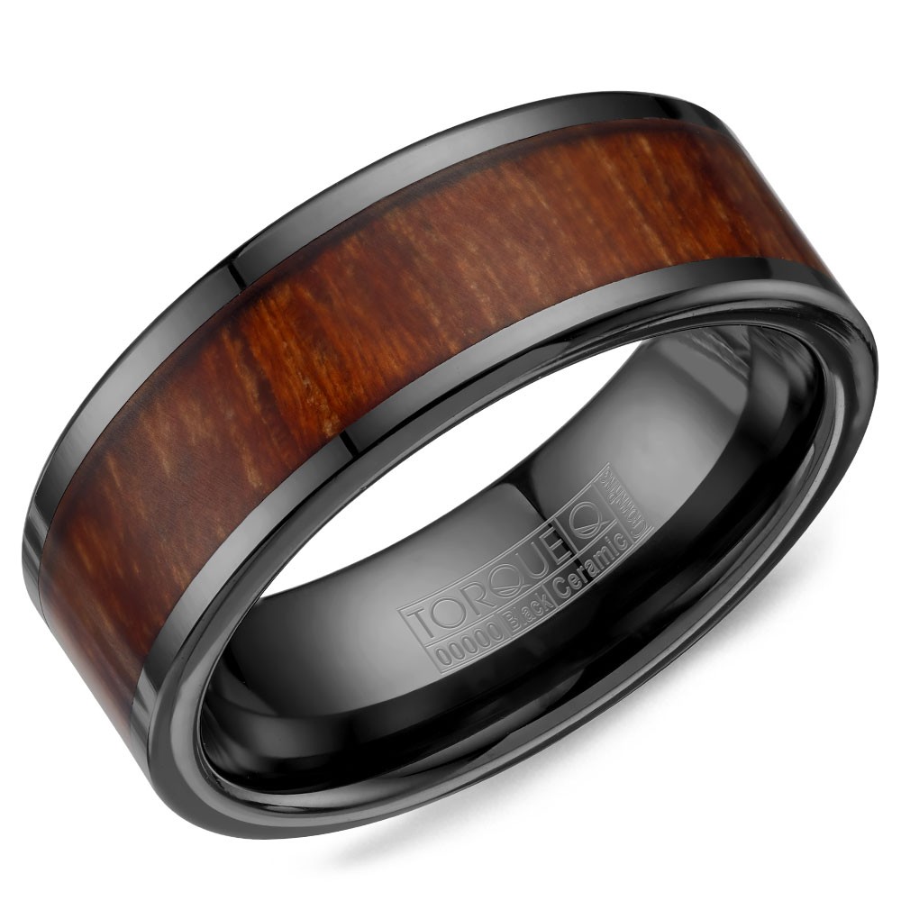 A black ceramic Torque band with a wood pattern inlay.