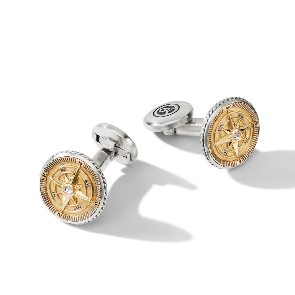 Maritime® Compass Cufflinks with 18K Yellow Gold and Center Diamond