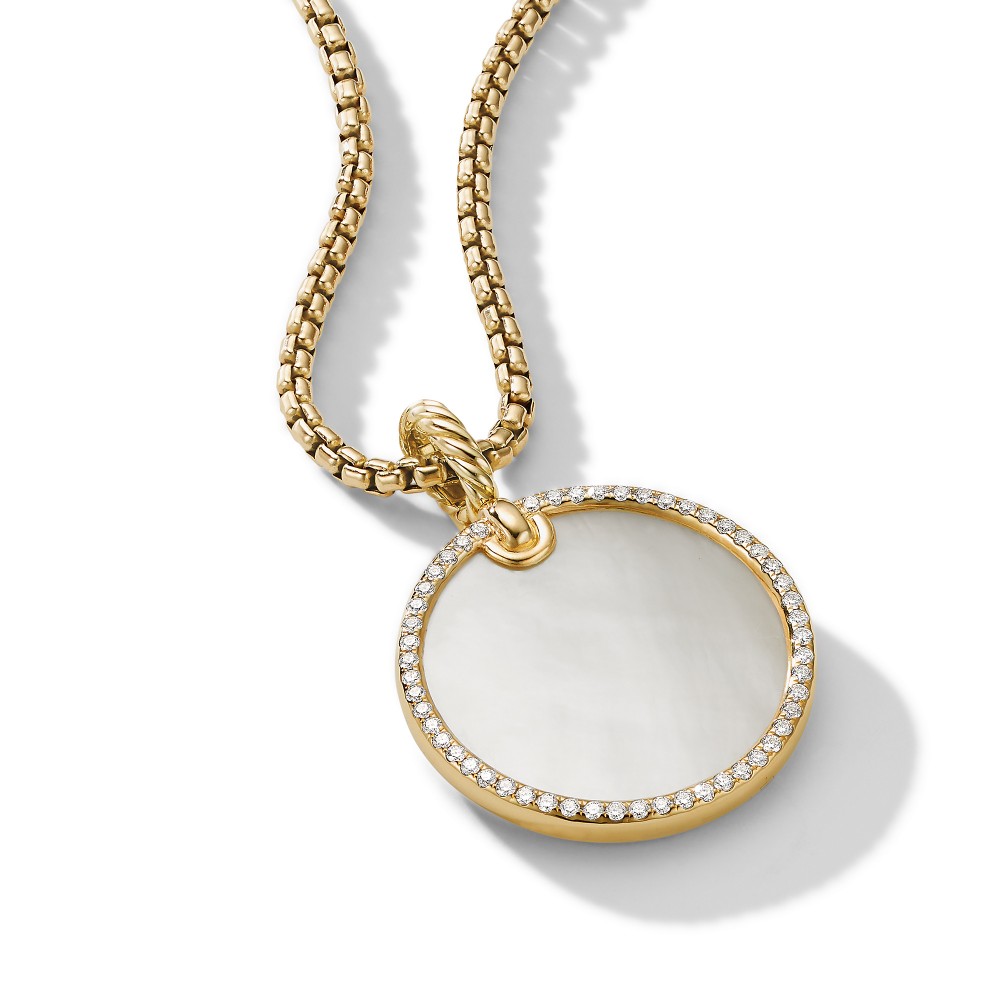 DY Elements Disc Pendant in 18K Yellow Gold with Mother of Pearl and Pave Diamond Rim