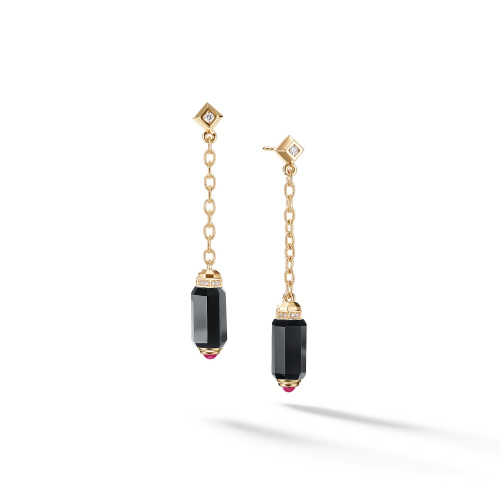 Barrels Chain Drop Earrings with Black Onyx Rubies and Diamonds in 18K Gold