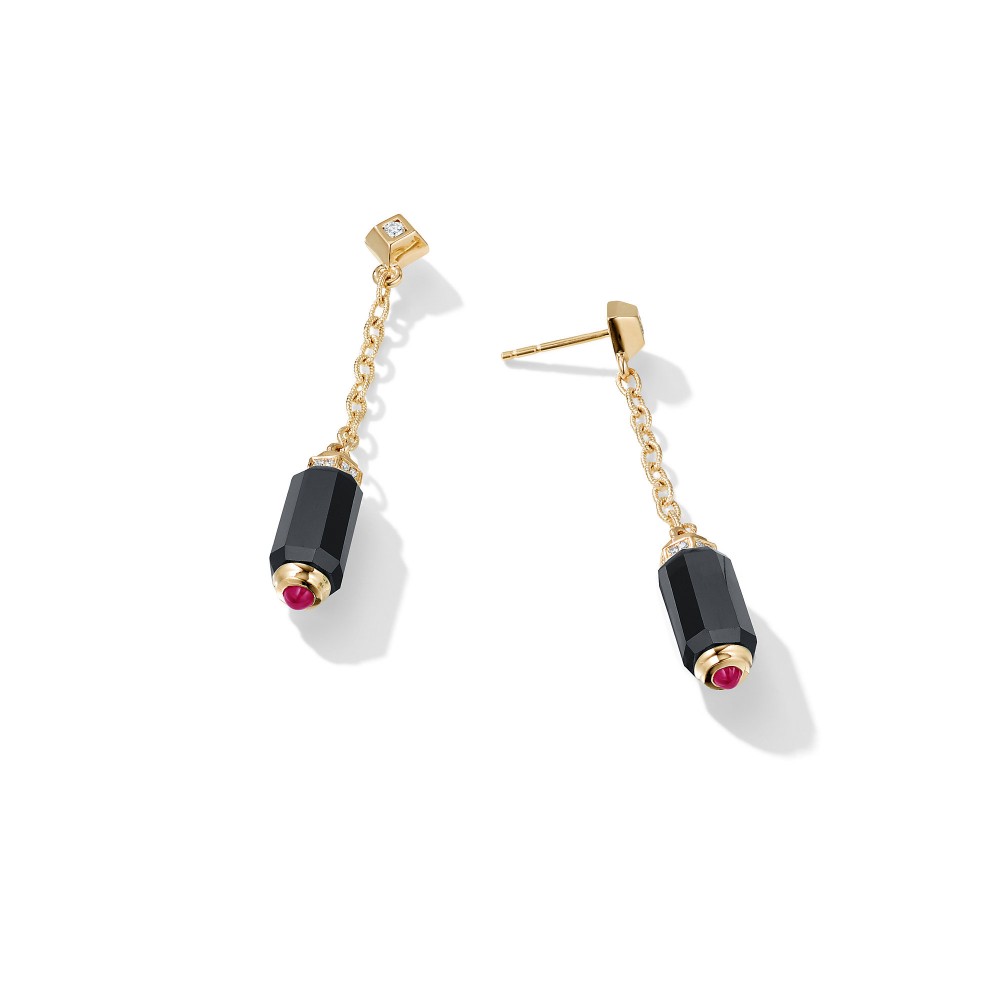 Barrels Chain Drop Earrings with Black Onyx Rubies and Diamonds in 18K Gold