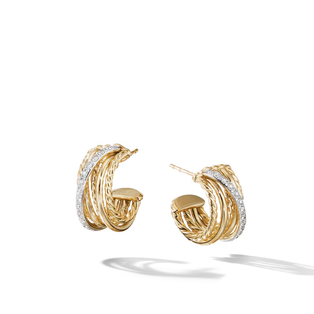 Crossover Huggie Hoop Earrings in 18K Yellow Gold with Diamonds