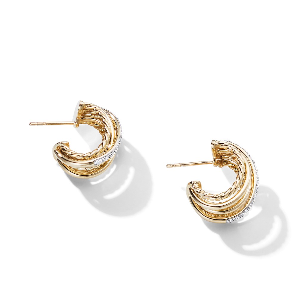 Crossover Huggie Hoop Earrings in 18K Yellow Gold with Diamonds