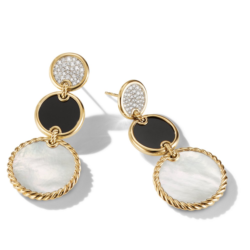 DY Elements Triple Drop Earrings in 18K Yellow Gold with Mother of Pearl, Black Onyx and Pave Diamonds