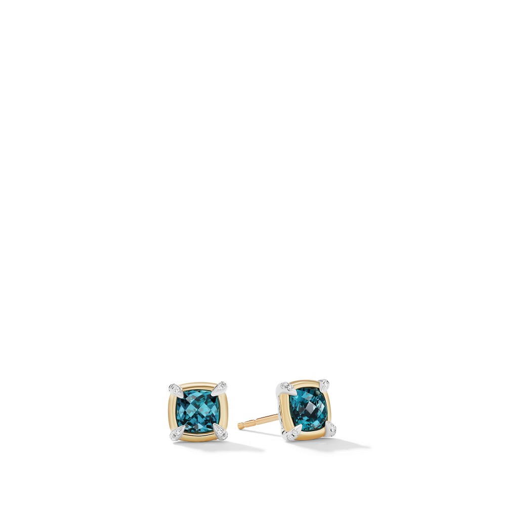 Petite Chatelaine® Stud Earrings with Hampton Blue Topaz, 18K Yellow Gold Bezel and Pave Diamonds