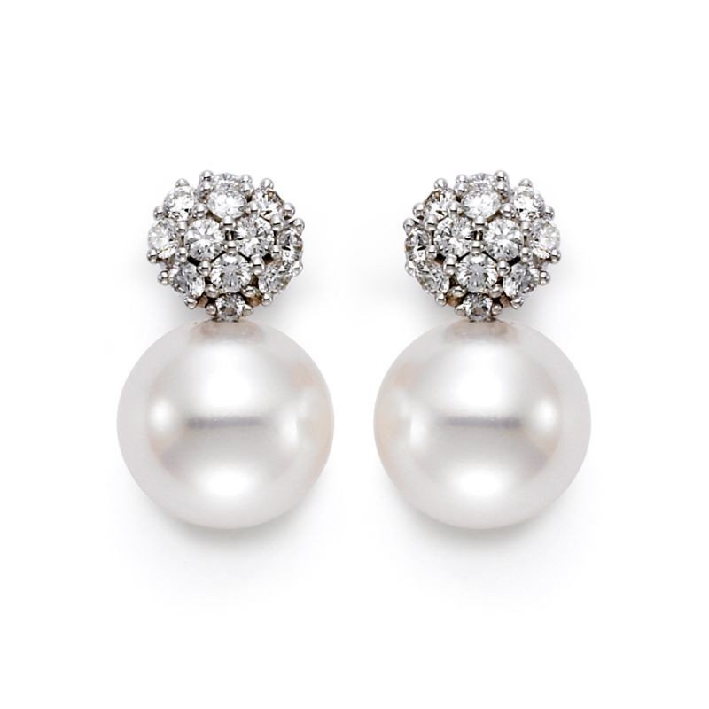 Mastoloni 7.5-8MM White Freshwater Pearl Earrings With 24 Diamonds 0.24 Tcw