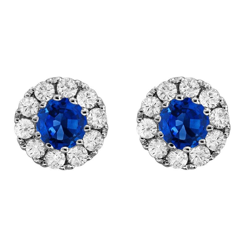 18K White Gold Sapphire and Diamond Halo Earrings By Providence Diamond Collection