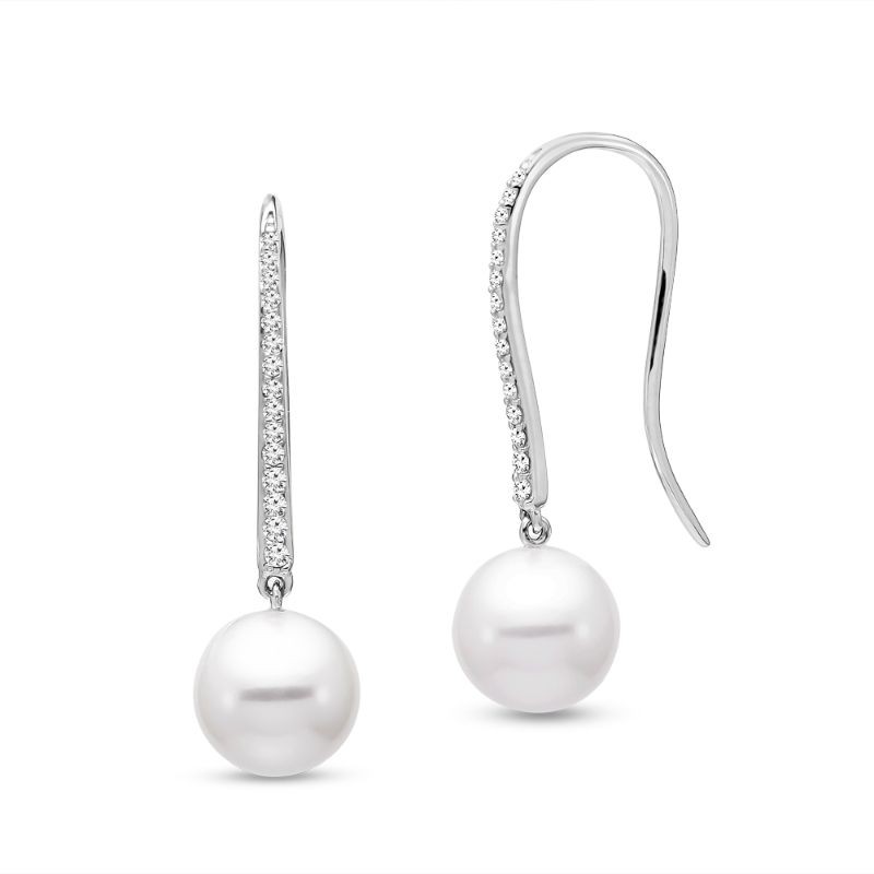 Mastoloni 8.5-9MM White Freshwater Pearl Drop Earrings with 30 Diamonds 0.16 TCW