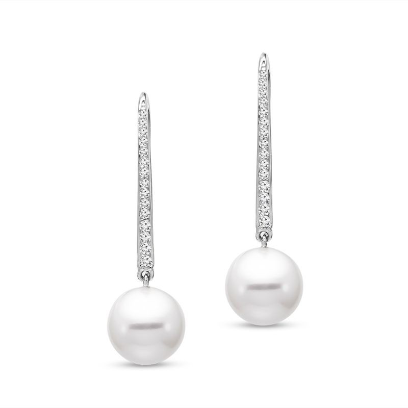 Mastoloni 8.5-9MM White Freshwater Pearl Drop Earrings with 30 Diamonds 0.16 TCW