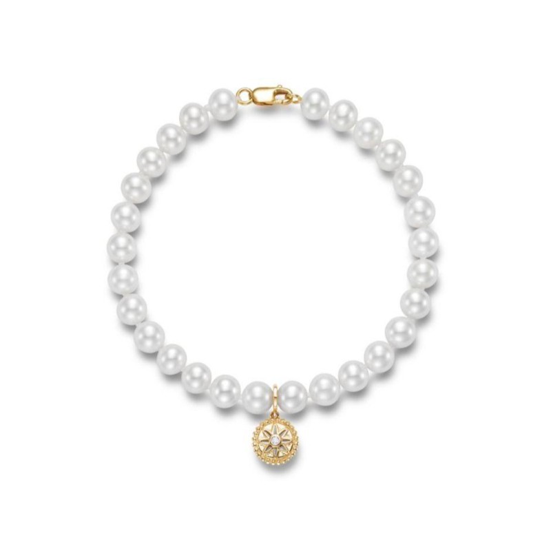 18K Yellow Gold Medallion Charm Pearl Bracelet By Pd Collection