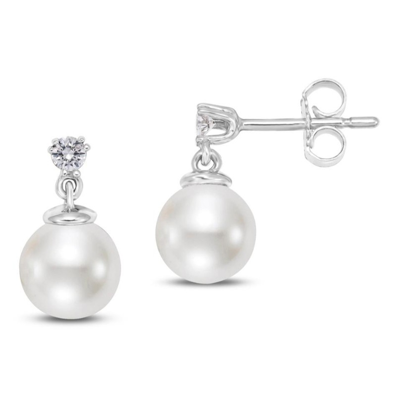 14k Diamond and Pearl Drop Stud Earrings BY PD Collection