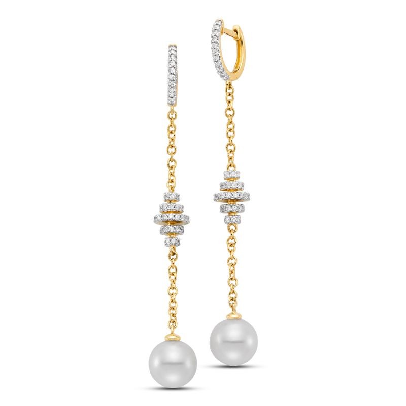 Mastoloni 8-8.5Mm White Freshwater Pearl Chain Drop Earrings With 126 Diamonds 0.52