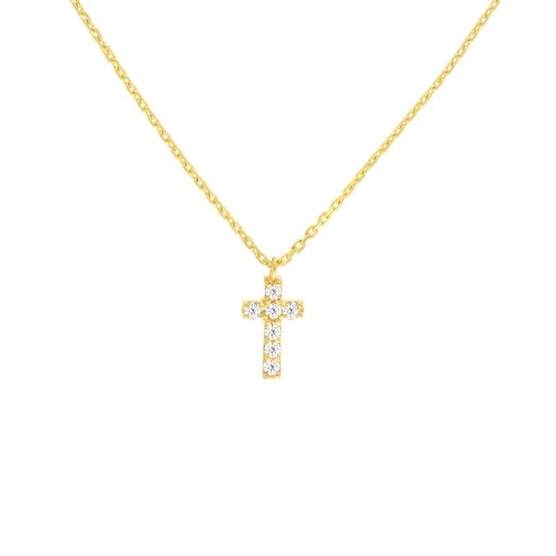 14K Yellow Gold Diamond Mini Cross Pendent Necklace By PD Collection