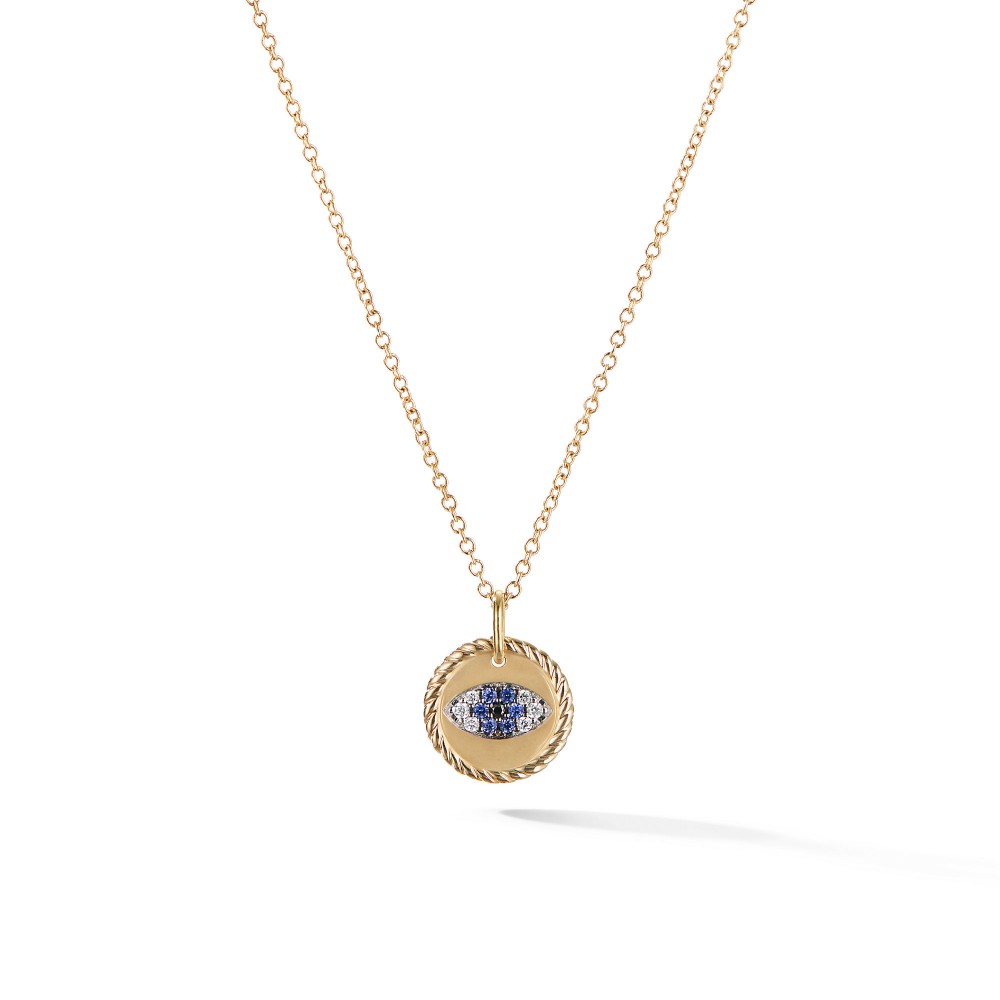 Cable Collectibles Evil Eye Charm Necklace with Blue Sapphire and Diamonds in 18K Gold